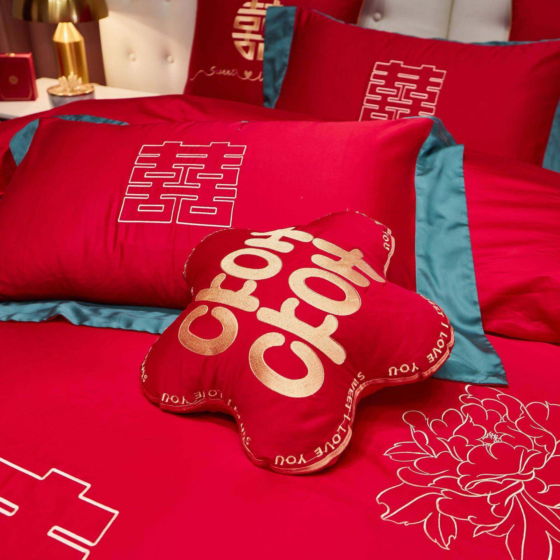 婚庆家纺红色TMM1035房四件套10支长绒0棉结婚床上用品婚布好置备