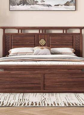 新中婚式胡桃木实木床BYN物复古大床1.8m主黑卧室储床现代简约新