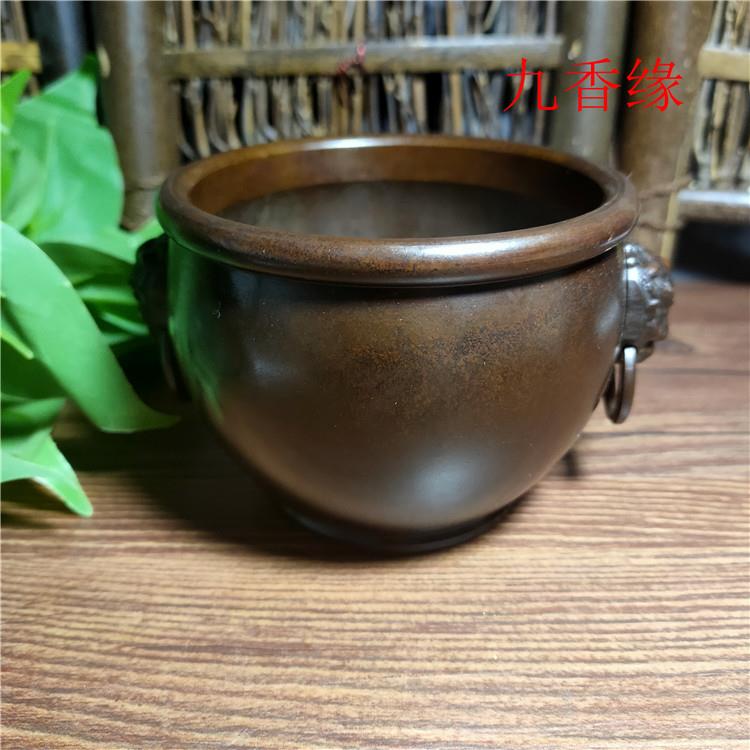 纯铜彷古铜器狮耳缸古玩古董兽耳带环圆缸多用香炉家居室聚宝盆缸