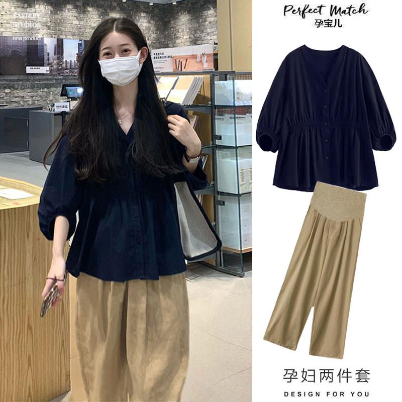 孕妇上衣夏装韩版宽松褶皱衬衫春夏孕妇套装夏季阔腿裤时尚两件套