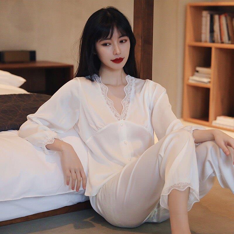 长袖睡衣女士夏季冰丝高级感纯色蕾丝薄款丝绸春秋开衫家居服套装
