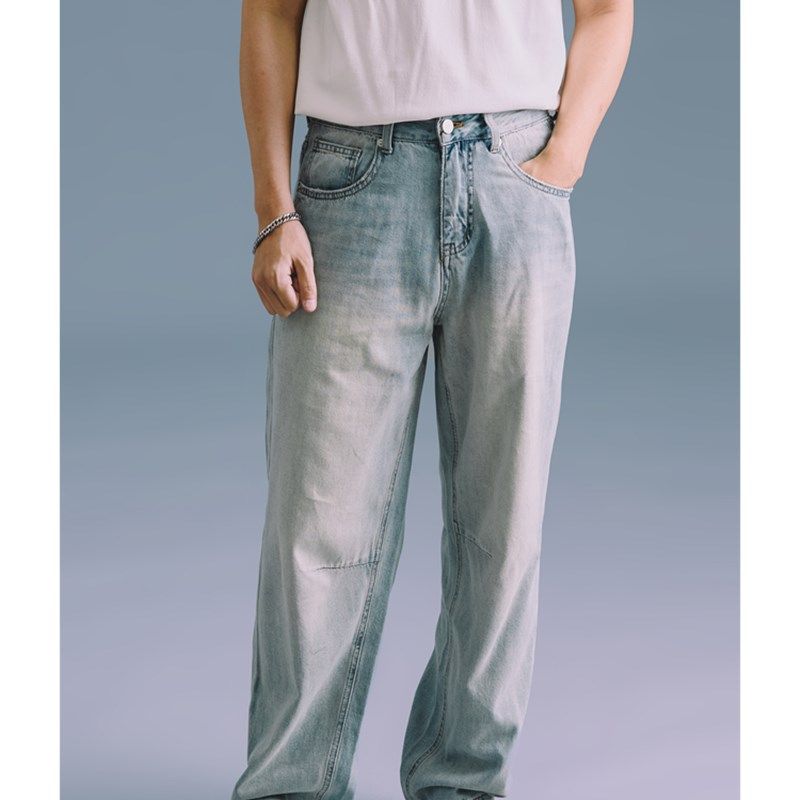 何记香港风格/浅色白色覆古高腰牛仔裤男士超软超薄夏季直筒拖地