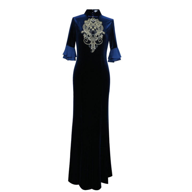 旗袍2021年新款女夏改良中国风优雅高端舞蹈走秀鱼尾年轻款演出服