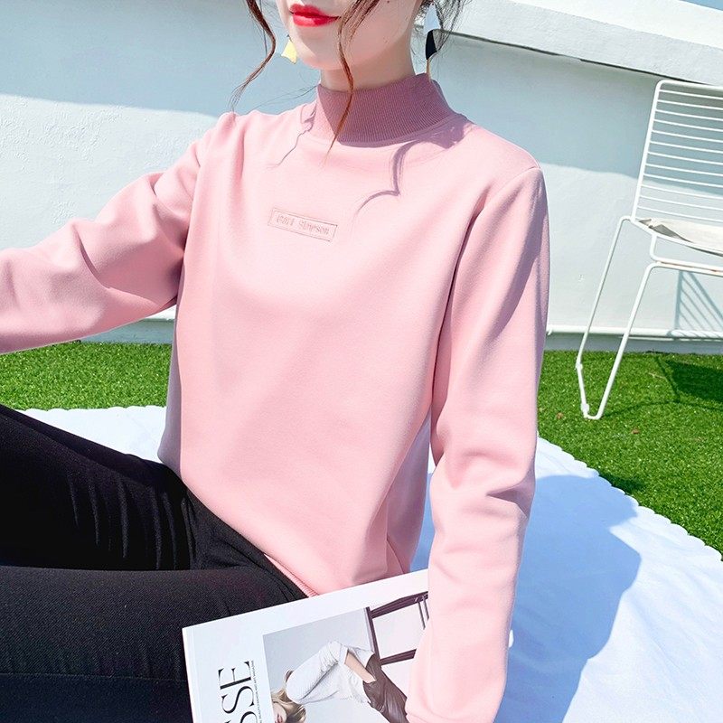 2021年秋冬新款半高领加绒卫衣女套头无帽宽松长袖厚上衣内搭绒衫