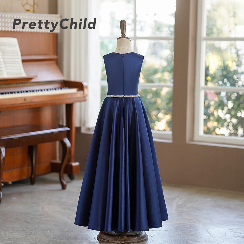新款女童缎面晚礼服藏蓝色钢琴演出服中大童竖笛乐团比赛表演长裙