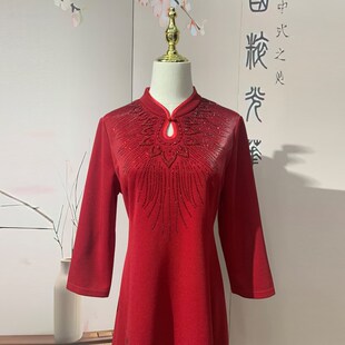妈妈婚宴礼服改良旗袍裙高贵气质春秋季长袖年轻款丈母娘敬酒服