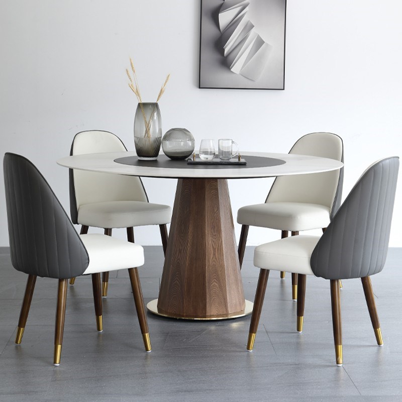 北欧岩板餐桌设计师内嵌式转盘实木圆桌椅小户型家用6人实木饭桌