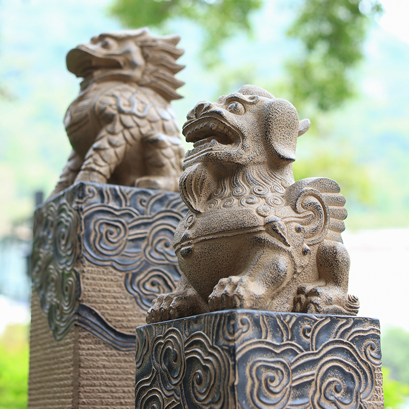 中式仿石雕拴马桩户外别墅门口庭院花园布置装饰招财貔貅麒麟摆件