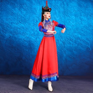 蒙古风格长袍大裙摆红色拼接长袖舞蹈服少数民族艺考演出服连衣裙
