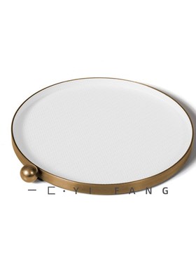 一匚金属皮革轻奢圆形麻花编织纹托盘样板间售楼处客厅软装摆件