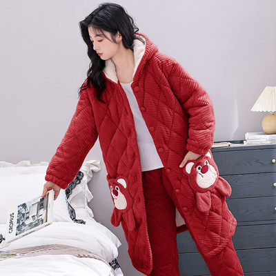 睡袍女款秋冬季珊瑚绒三层夹棉加厚加绒2023新款睡衣女保暖家居服