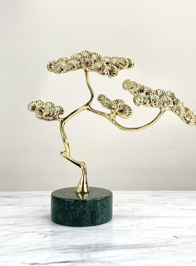 新中式大理石铜银杏叶摆设迎客松客厅玄关电视柜别墅酒店轻奢摆件