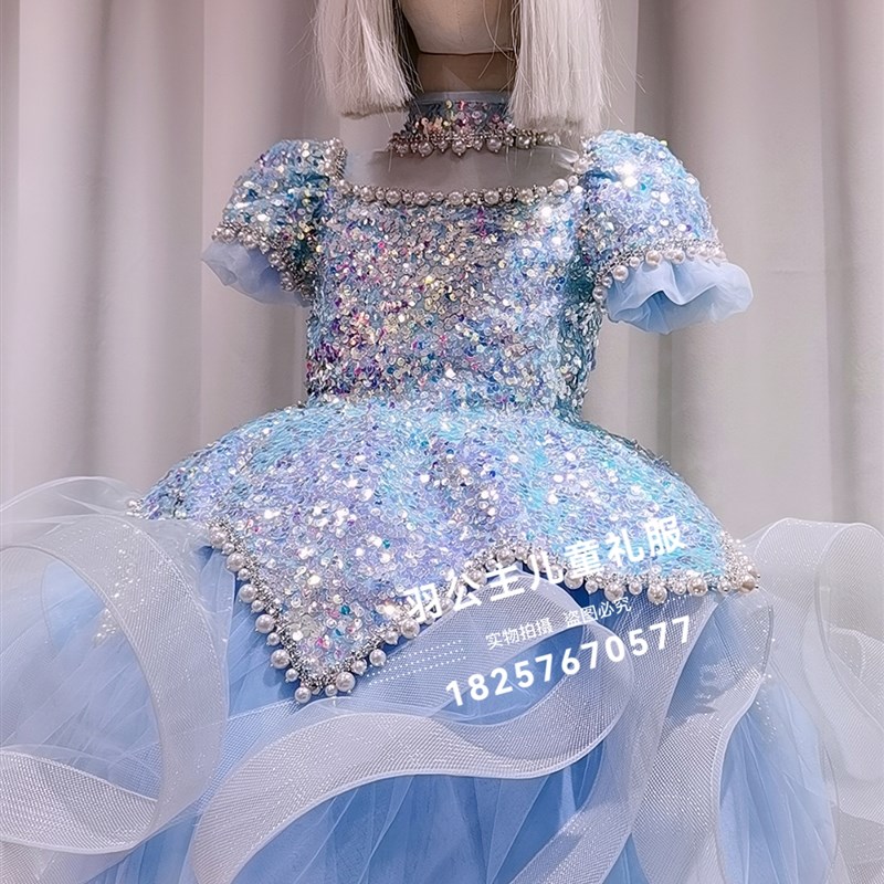 高端儿童礼服短款蓬蓬裙亮片女童主持唱歌朗诵蓝色玫红色演出服