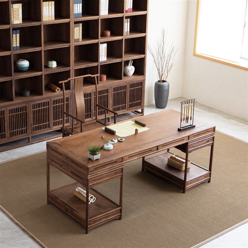 新中式书桌实木禅意书房画案榆木办公桌黑胡桃书法桌书画桌家具