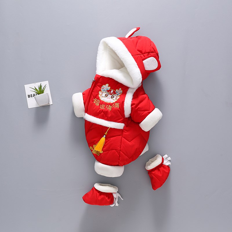 婴儿新年服过年拜年喜庆满月周岁连体衣红色衣服宝宝冬装保暖加厚