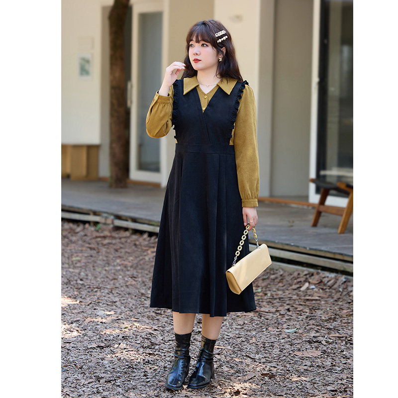 大码女装假两件套装磨毛连衣裙秋冬新款法式气质收腰显瘦胖mm长裙