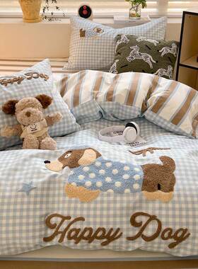 全棉件毛巾100纯棉四套床NHZ上用品春夏件季儿童卡通刺绣绣床笠款