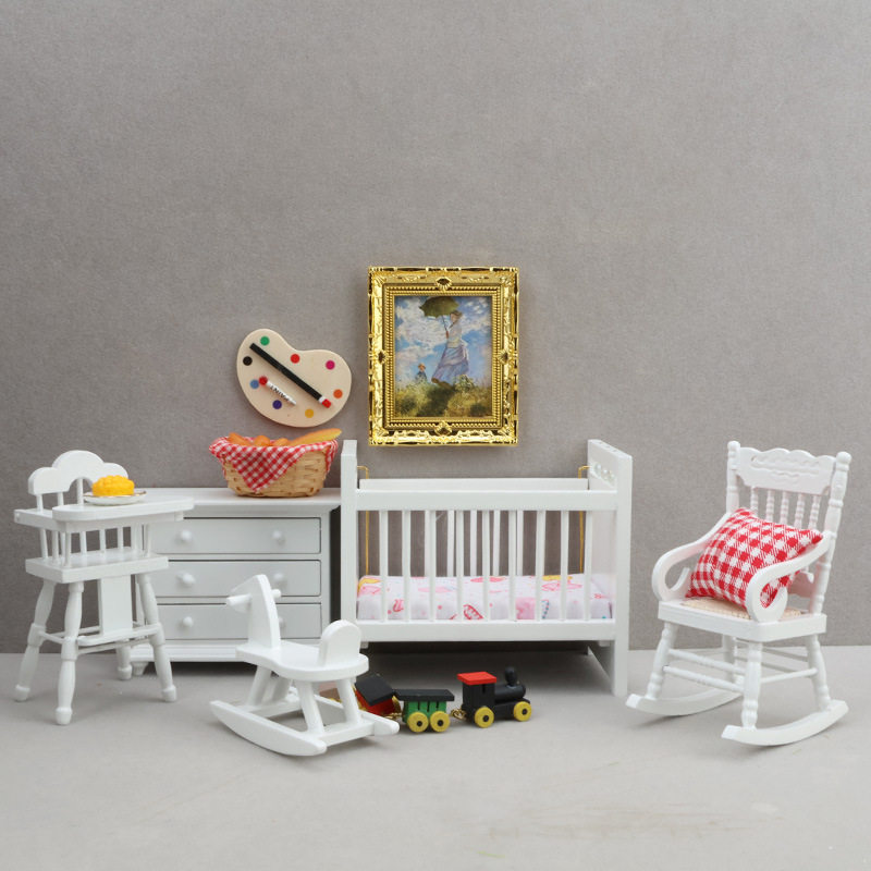 1:12迷你娃娃屋家具dollhouse摆件12分模型婴儿卧室5件套床饭椅马
