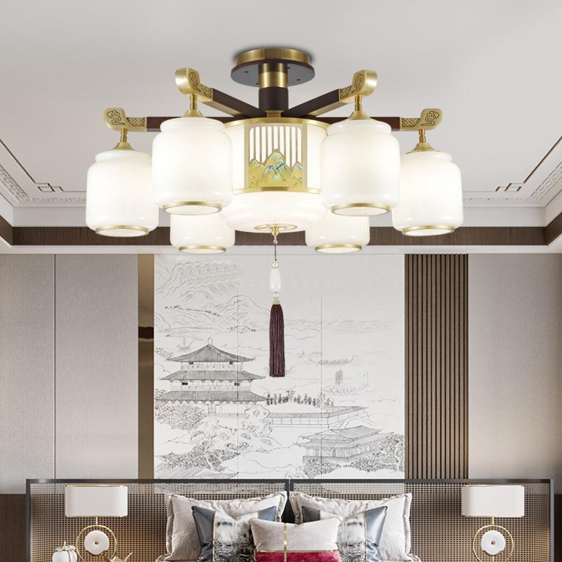 新中式全铜吊灯檀实乌木千里江山客吊LGU厅餐灯别墅厅卧室吸顶灯