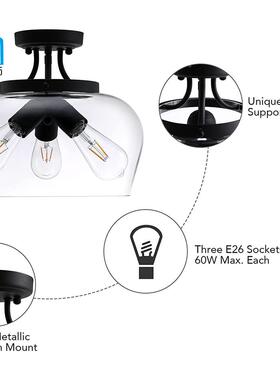 复古工业风透明玻璃天板吸顶灯3头花BOL厨房岛餐桌走廊客厅灯具