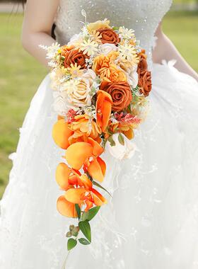 西SPH-式高档仿真花新娘手花束婚礼仿真森拍照系瀑布水捧滴下垂形