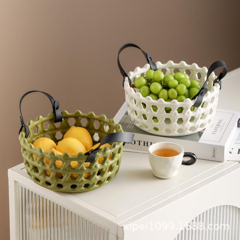 新篮款轻奢陶瓷果家用客水厅茶几摆件提糖果盘高GL1000档镂空果盘