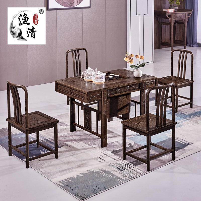 鸡翅木茶桌椅阳台小户型实木红木茶几一桌五椅P家用功夫泡茶台家