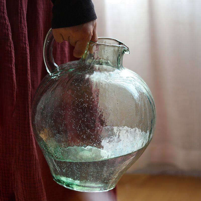 透明玻璃花瓶锤纹感细口单耳客厅餐桌吊钟马醉木插花花器摆件北欧