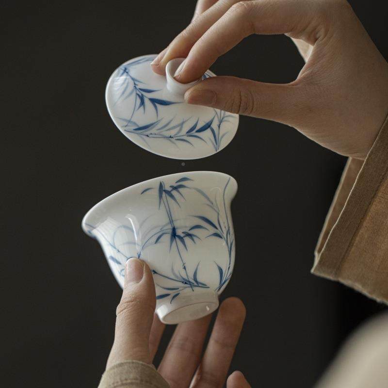 杯釉下彩手绘青花竹影玉泥白瓷二薄才盖碗家用功茶具夫茶SY300904