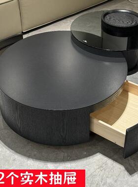 色岩板意式t25440极黑简茶几现简代约客厅家用大小圆形茶桌设计ω