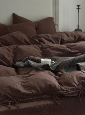 暗可红色~双纱层绑32093带日式简约全棉四件套床上婴儿用肤柔软亲