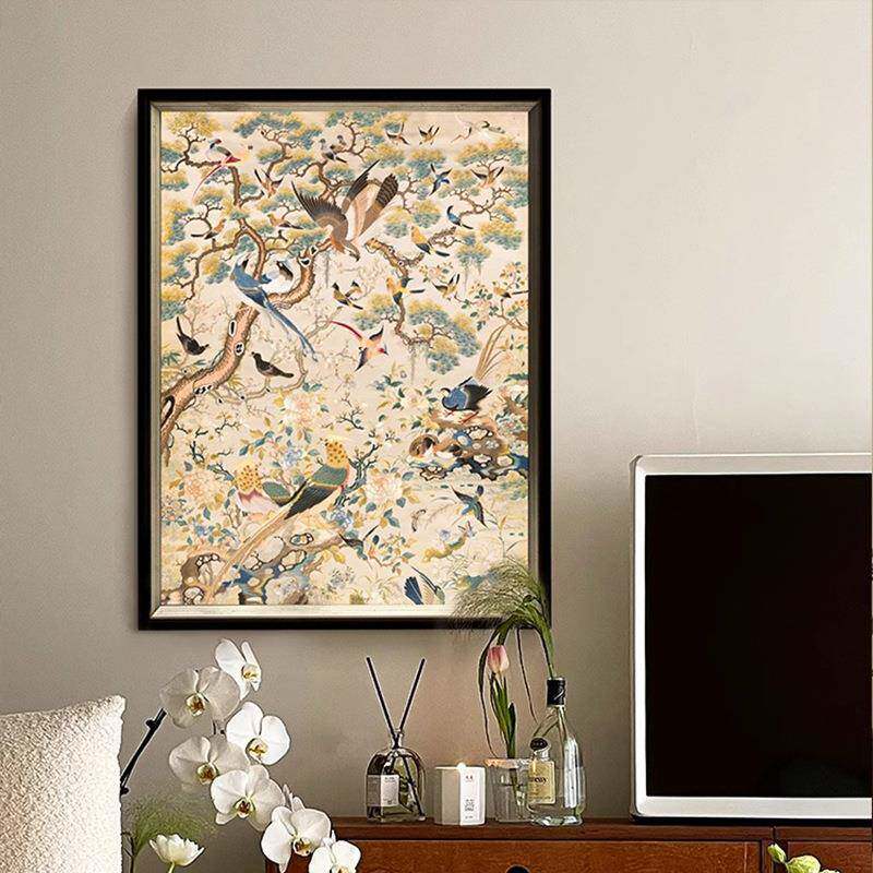 《鸟祥图》式中古风餐厅DTR装法饰画新中式客花厅挂和画复古艺术