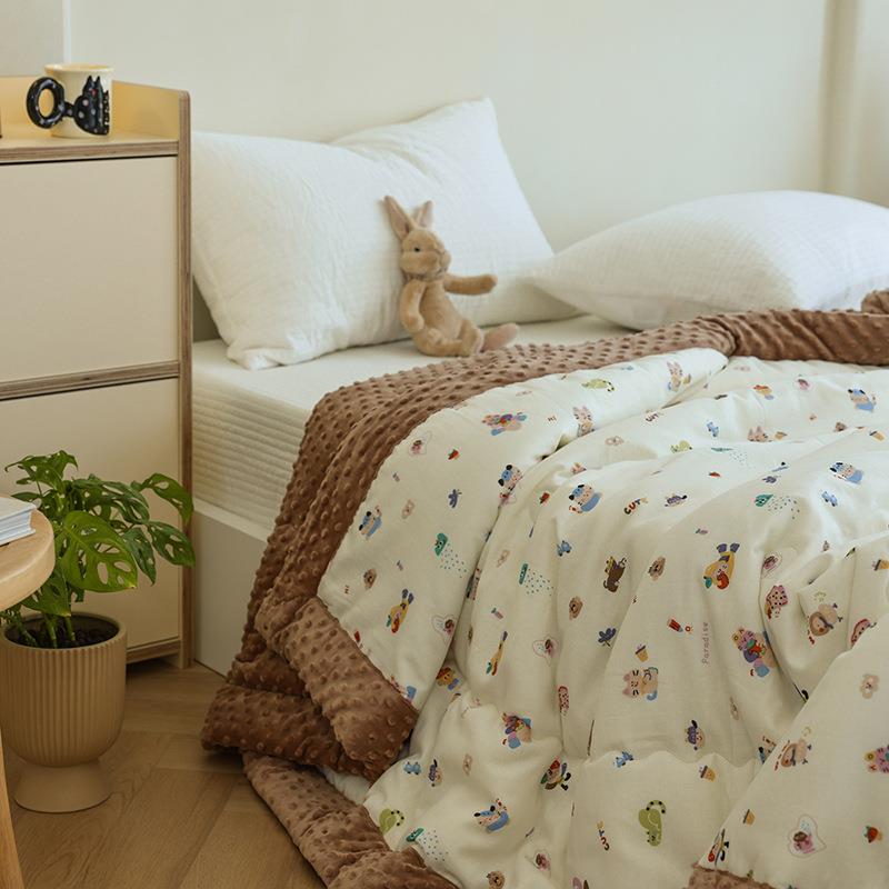 225纱冬新款全棉双层元气小Q安抚豆豆被单秋人双0人可机洗大OHO豆