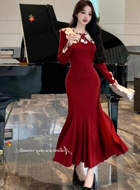 大码胖mm新中式娃娃领收腰红色旗袍连衣裙女秋冬气质包臀鱼尾长裙