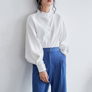 灯笼袖立领叠穿白衬衣女加厚内搭加绒秋冬磨毛法式长袖衬衫职业装