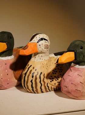 加油鸭子手工木雕小摆件卡通动物可爱木质雕刻送学生同事励志礼物