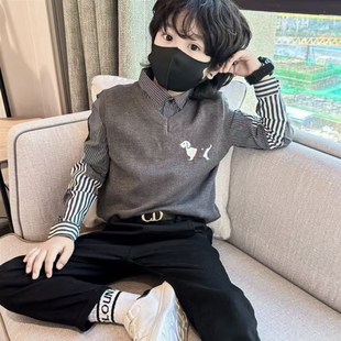 男童毛衣加绒衬衫假两件秋冬2024新款中大童背心儿童男孩针织马甲