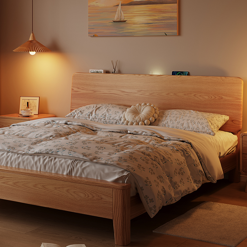 馨佰利全实木床白蜡木新款单人床架1米5的床原木风床双人床家具