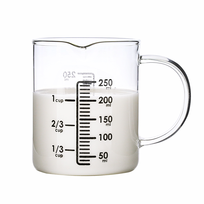 明尚德耐热水玻璃量杯带把手刻度杯子家用冲奶粉烘焙250毫升测量