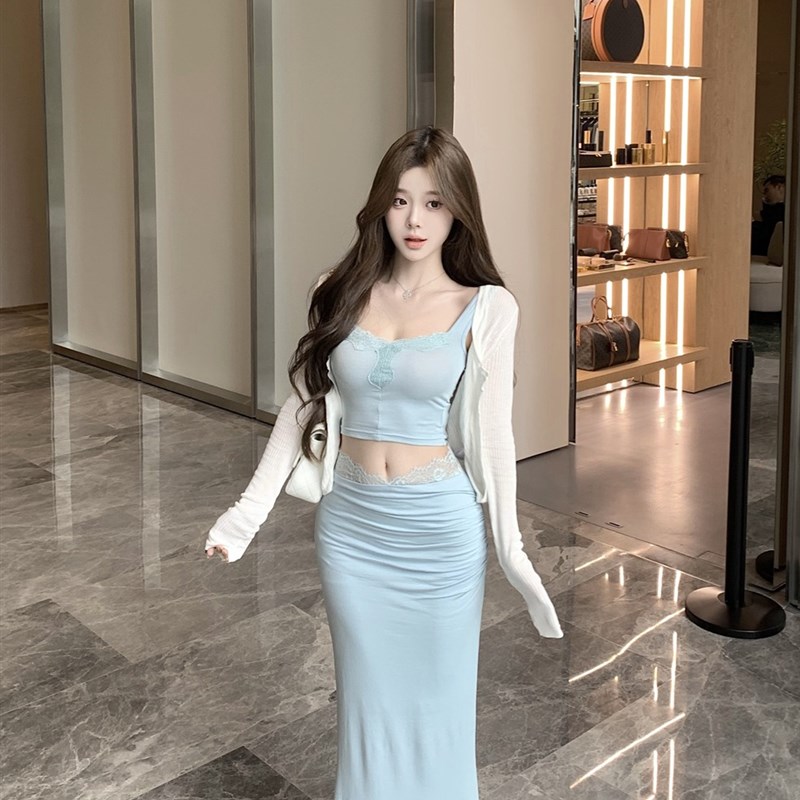 盐系轻熟套装白色开衫上衣蕾丝吊带背心女夏季鱼尾半身裙子三件套