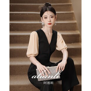 晚礼服女宴会轻奢小众高端高级感黑色主持人端庄大气裤装连体裤裙