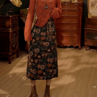 扣子家港风复古碎花半身裙女秋季高腰显瘦中长款气质百搭开叉裙子