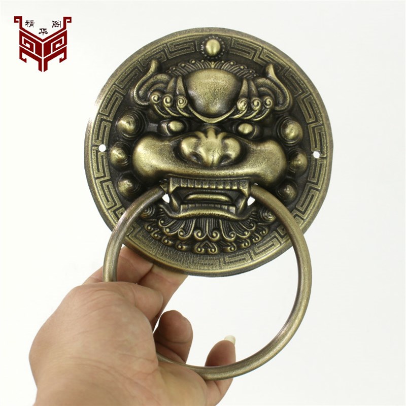 大门铜拉手纯铜仿古把手中式兽面门把手复古木门大门黄铜虎头拉环