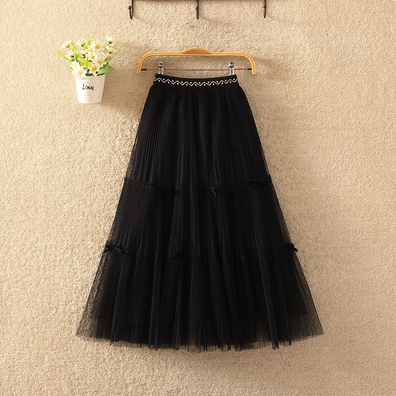 女童夏季新款米白色蝴蝶结网纱长裙2024薄款透气女孩甜美半身裙潮