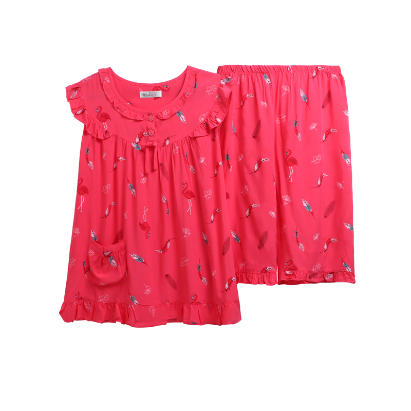 夏季中年背心妇女无袖中老年妈妈短袖短裤睡衣夏天纯棉绸大码套装