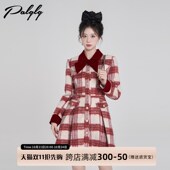 连衣裙女冬季 法式 甜美红色格子长袖 气质加厚富家千金呢子新年裙子