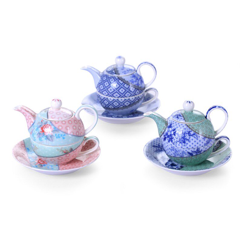 欧式拼色花纹釉中彩陶瓷功夫茶具套装单人家用可爱一壶一杯一碟
