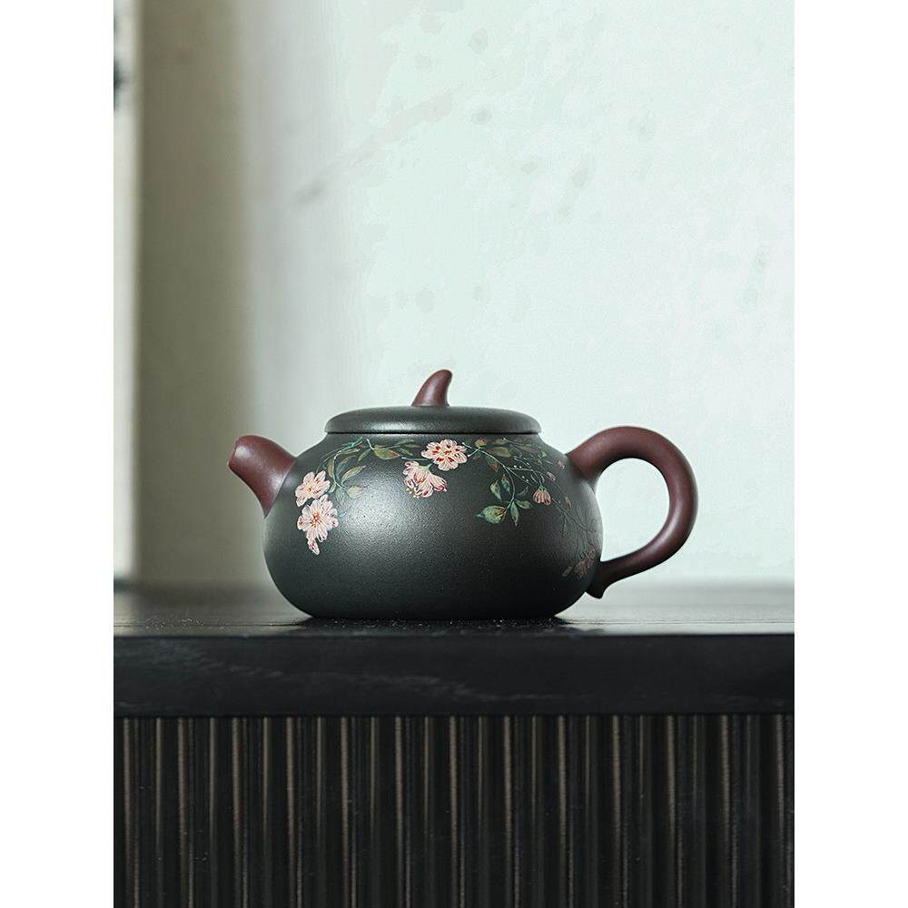 宜春上等宜兴紫砂壶名家马方圆手工茶壶粉浆手绘茄子茶壶150C