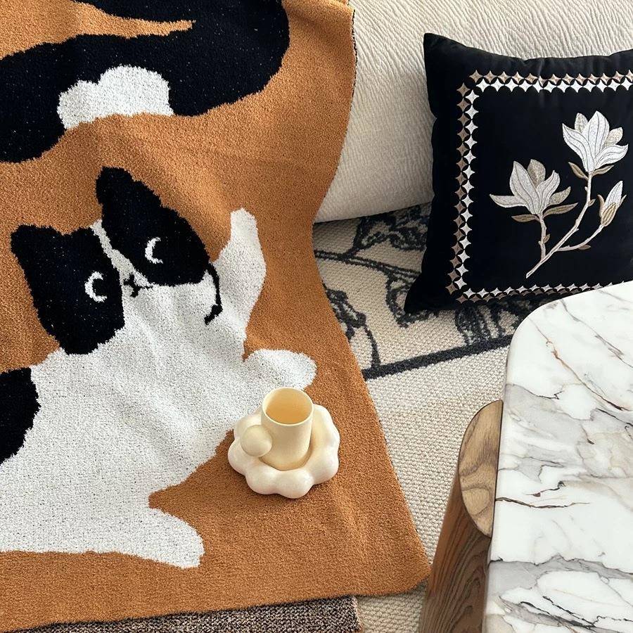 三只奶牛猫可爱复古半边绒沙发办毯针织毯毛毯室公睡午盖UCJ毯装