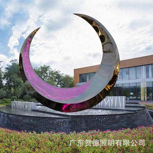 不锈钢月亮圆环雕塑楼镜面HD-DS-00发光造型形异户外售部创意水装